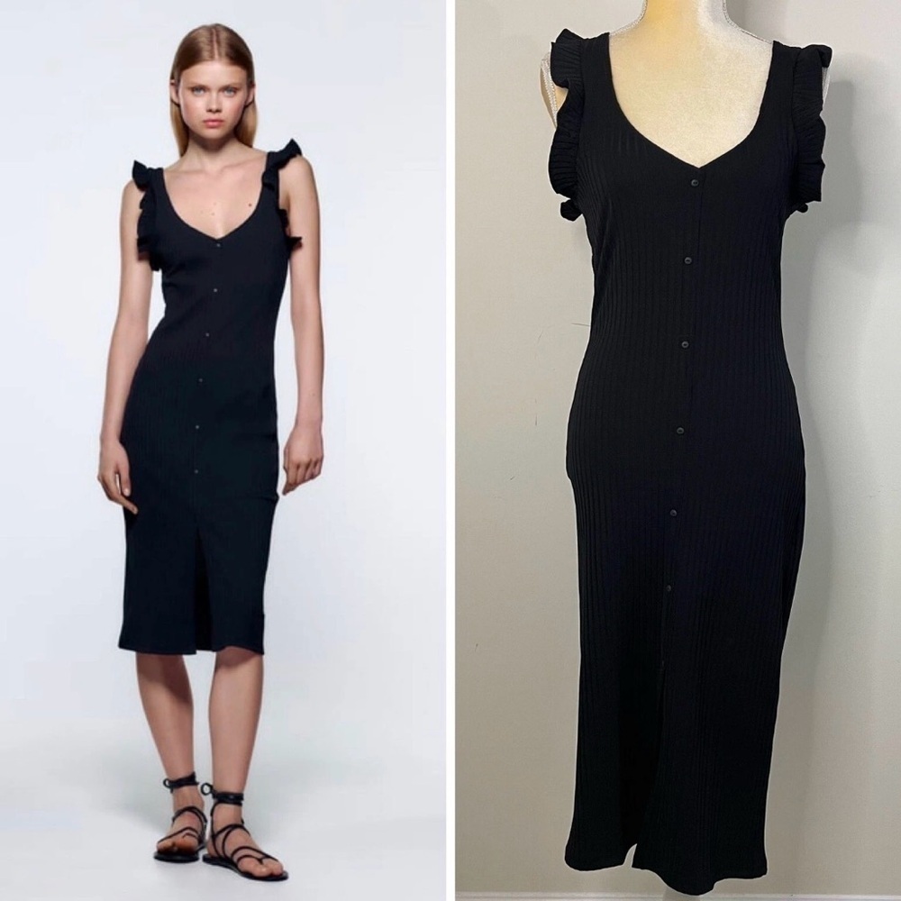 NWOT ZARA Size M Button Front Ribbed Sheath Midi Dress Black Sleeveless Ruffles